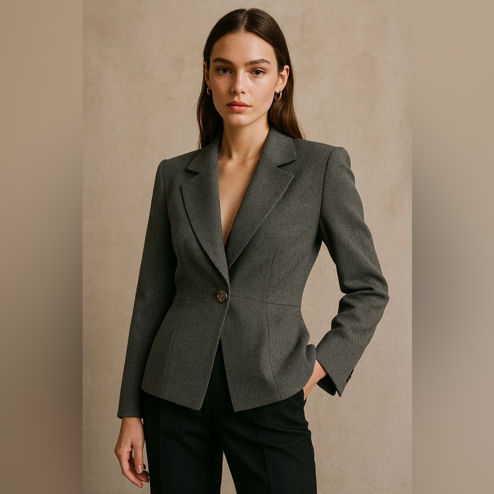 Structured Grey Single Button Blazer Minimalist Style Classic Cut Jacket size 8
